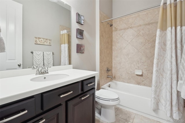 full bath featuring shower / tub combo with curtain, toilet, vanity, and tile patterned floors