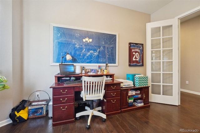 office with dark wood finished floors and baseboards