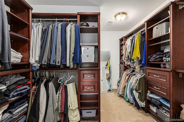 walk in closet with light colored carpet