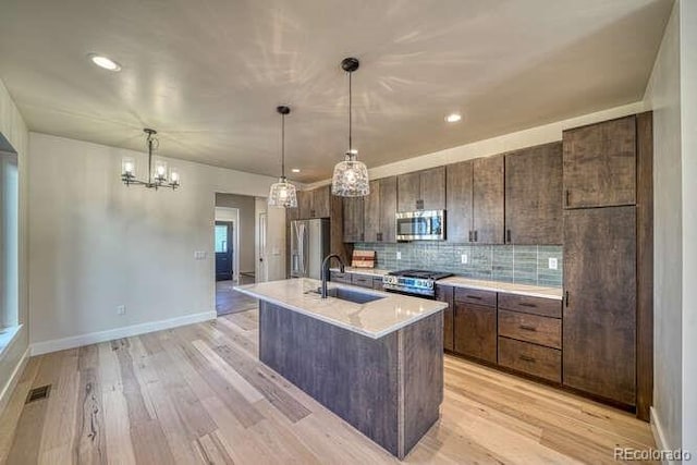 136 Chase St, Salida, CO 81201 - kitchen with stainless steel appliances, light countertops, a kitchen island with sink, backsplash, and light wood finished floors