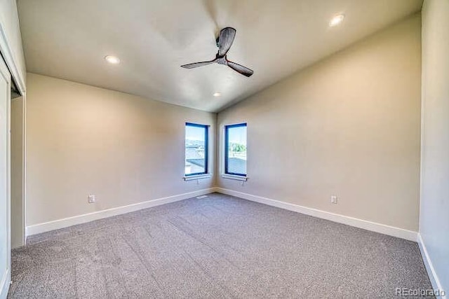 136 Chase St, Salida, CO 81201 - carpeted spare room featuring vaulted ceiling, a ceiling fan, and recessed lighting