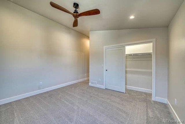 136 Chase St, Salida, CO 81201 - unfurnished bedroom with carpet, a closet, a ceiling fan, and recessed lighting