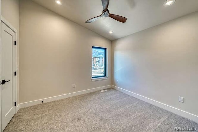 136 Chase St, Salida, CO 81201 - spare room featuring ceiling fan, vaulted ceiling, light colored carpet, and recessed lighting