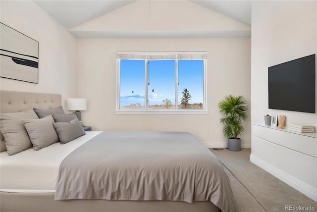 bedroom with carpet and lofted ceiling