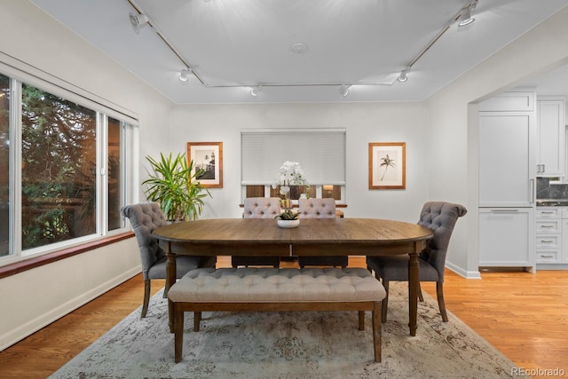 dining area with rail lighting, baseboards, and light wood-style floors