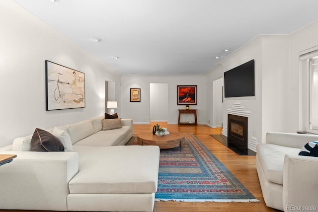 living room with wood finished floors, baseboards, a fireplace with flush hearth, and recessed lighting