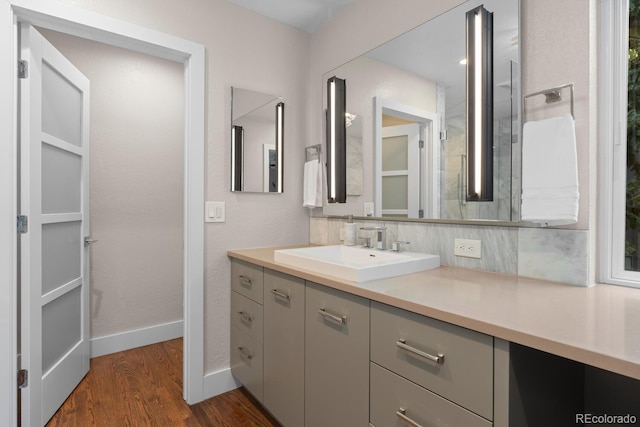 bathroom with wood finished floors, vanity, baseboards, and tasteful backsplash