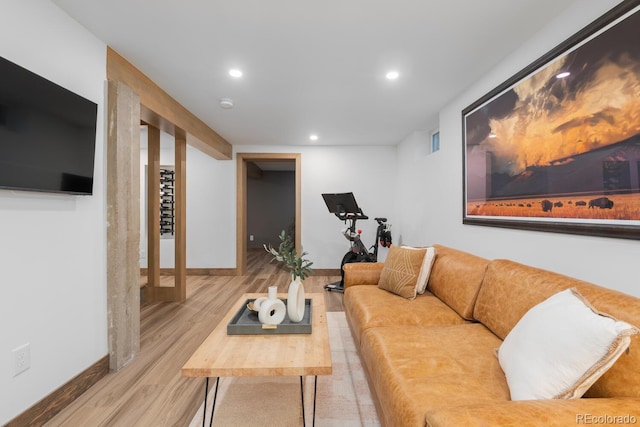 living area with wood finished floors, baseboards, and recessed lighting