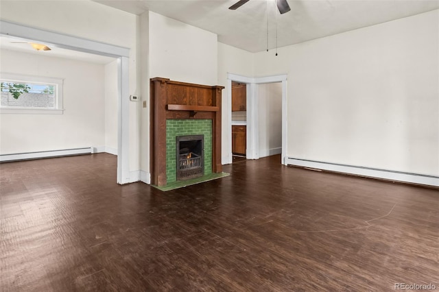458 Cherry St, Hudson, CO 80642 - unfurnished living room featuring a baseboard radiator, ceiling fan, a tile fireplace, and wood finished floors