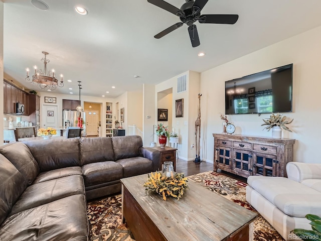 16658 Prospect Ln, Broomfield, CO 80023 - living area with a chandelier, ceiling fan, recessed lighting, and dark wood-style flooring