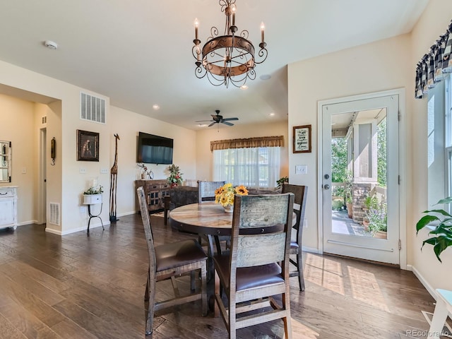 16658 Prospect Ln, Broomfield, CO 80023 - dining area with a chandelier, dark wood-style floors, a ceiling fan, and recessed lighting