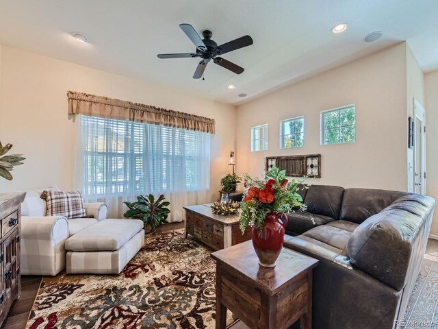 16658 Prospect Ln, Broomfield, CO 80023 - living room with wood finished floors, a ceiling fan, and recessed lighting