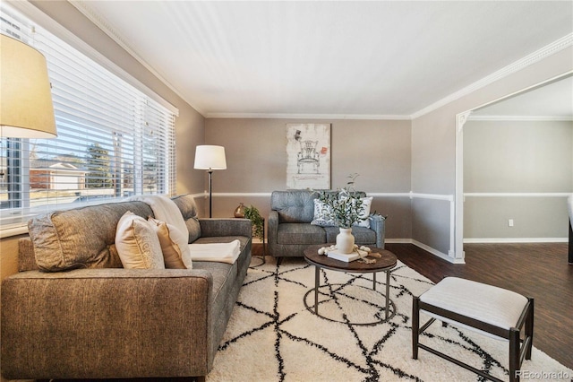 living room featuring ornamental molding and hardwood / wood-style floors