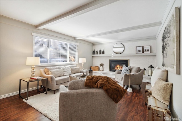 living room with dark hardwood / wood-style floors and beamed ceiling