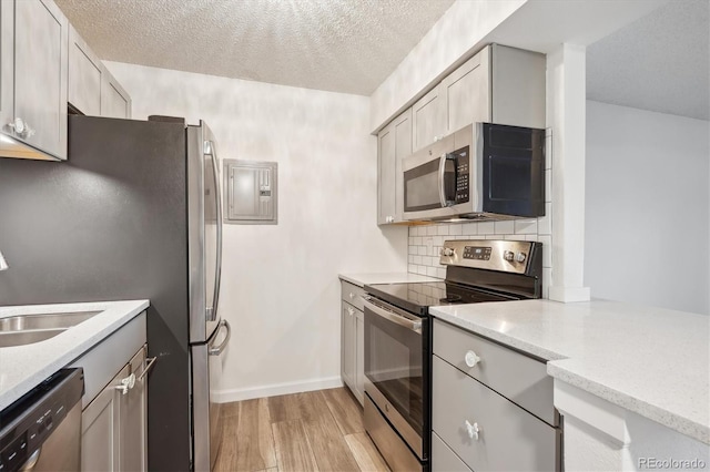 kitchen with stainless steel appliances, light wood-type flooring, backsplash, a sink, and baseboards