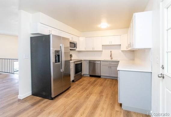 kitchen with light hardwood / wood-style flooring, appliances with stainless steel finishes, sink, white cabinets, and gray cabinetry