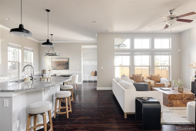 living room featuring sink, ceiling fan, a healthy amount of sunlight, and dark wood-type flooring