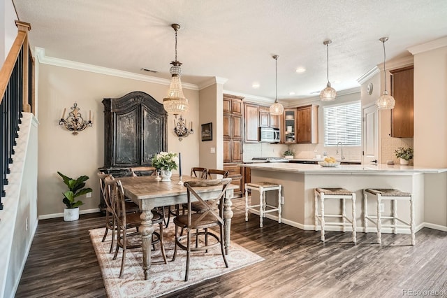 dining area featuring stairway, recessed lighting, crown molding, and dark wood finished floors