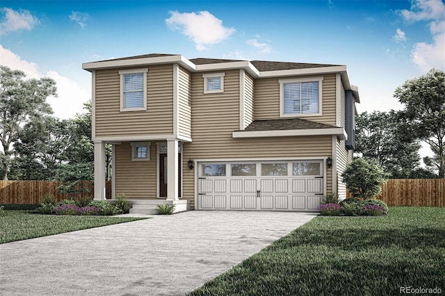 view of front of home with a garage and a front lawn