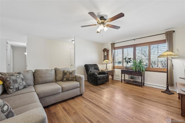 living room with ceiling fan and light hardwood / wood-style flooring