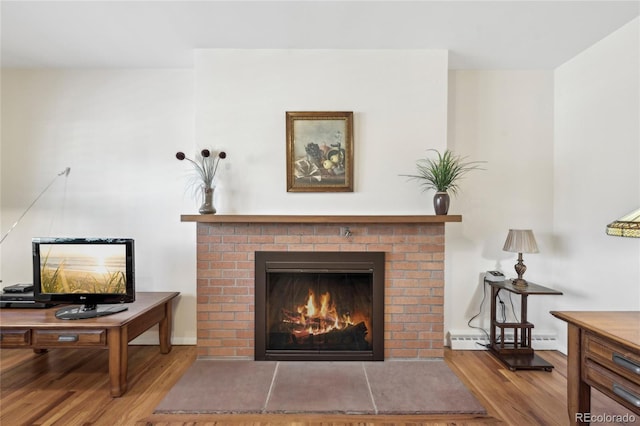 details with a fireplace, wood-type flooring, and a baseboard heating unit