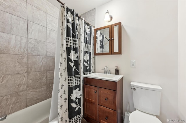 full bathroom with shower / bathtub combination with curtain, vanity, and toilet