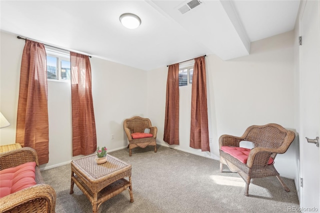 living area featuring carpet flooring