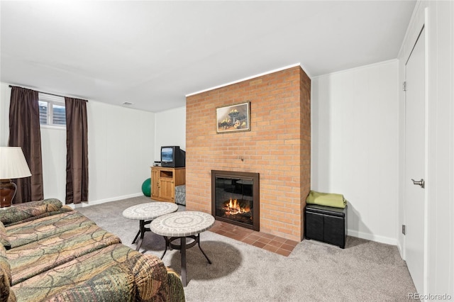 living room with light carpet and a fireplace