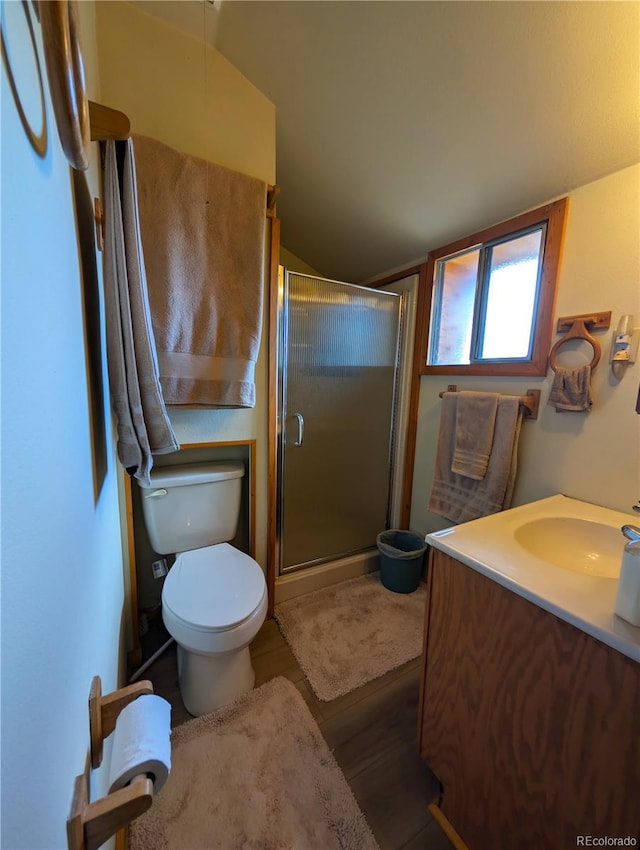 2117 Badger Creek Rd, Hartsel, CO 80449 - bathroom with lofted ceiling, vanity, a stall shower, and wood finished floors