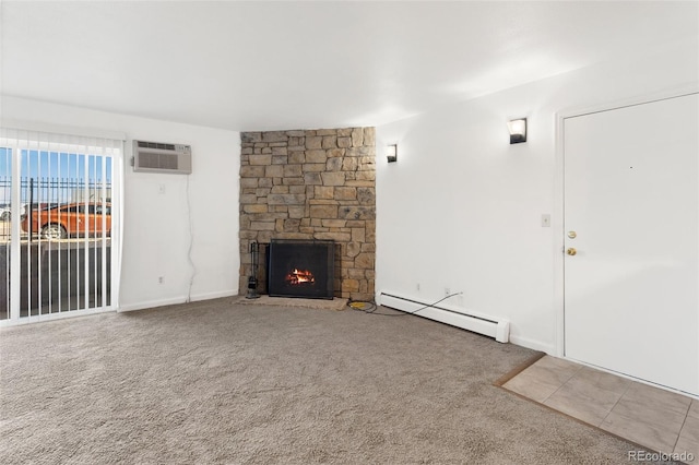 unfurnished living room featuring a baseboard radiator, a fireplace, carpet flooring, and a wall mounted air conditioner