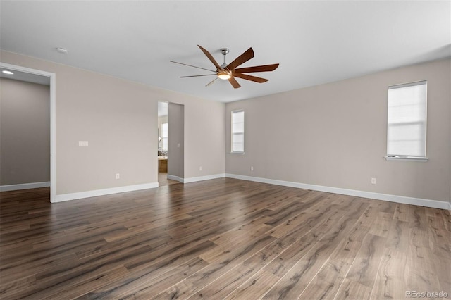 unfurnished room with wood-type flooring and ceiling fan