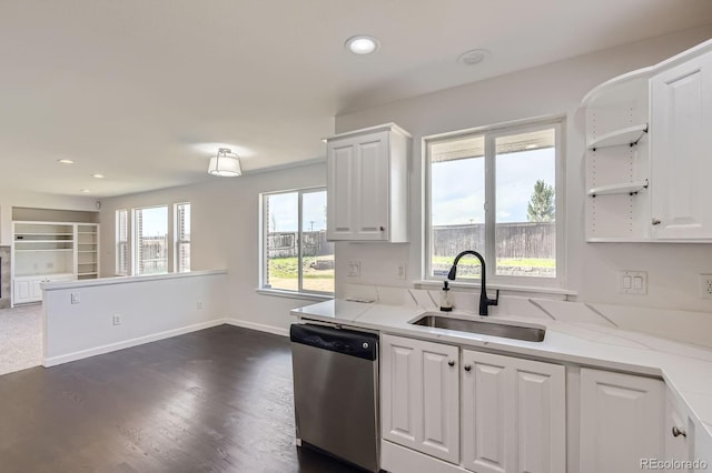 19033 E 22nd Cir, Aurora, CO 80011 - kitchen featuring stainless steel dishwasher, white cabinetry, open shelves, light stone countertops, and recessed lighting