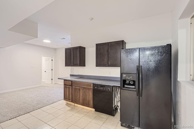 19033 E 22nd Cir, Aurora, CO 80011 - kitchen with black appliances, light colored carpet, dark brown cabinets, light tile patterned floors, and recessed lighting