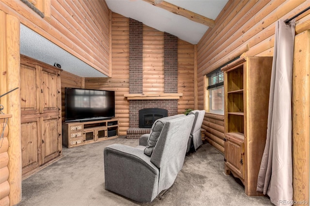 living area featuring light carpet, high vaulted ceiling, rustic walls, and a fireplace