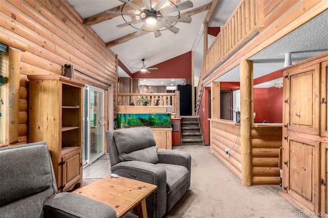 living area with high vaulted ceiling, light carpet, a ceiling fan, stairway, and beam ceiling