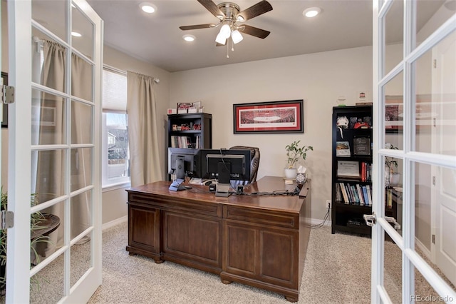 office with recessed lighting, french doors, baseboards, and ceiling fan