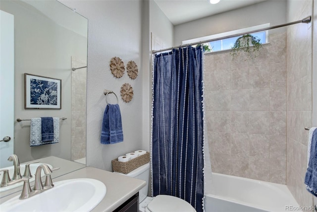 full bath featuring vanity, toilet, and shower / tub combo with curtain