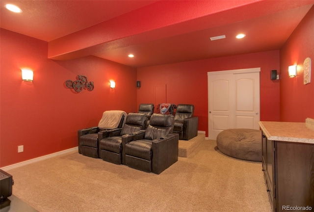 cinema with recessed lighting, baseboards, and carpet floors