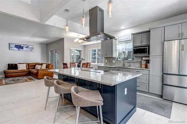 4013 S Carson St Unit C, Aurora, CO 80014 - kitchen with stainless steel appliances, island exhaust hood, gray cabinets, a sink, and recessed lighting