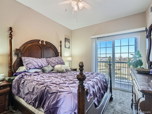 bedroom with dark colored carpet, ceiling fan, and access to outside