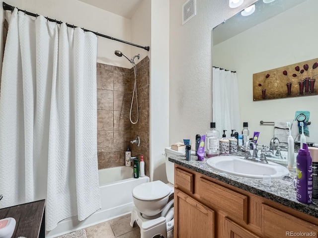 full bathroom with tile patterned floors, vanity, shower / bath combination with curtain, and toilet