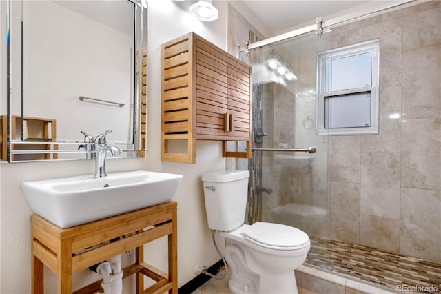 bathroom featuring a shower stall, toilet, and vanity