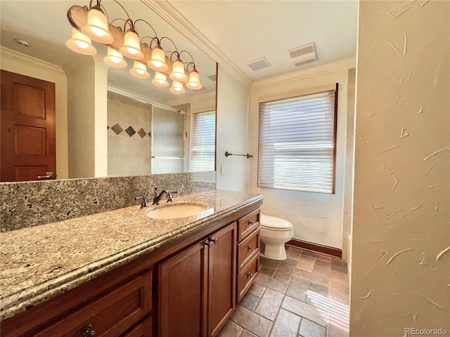 4625 S University Blvd, Englewood, CO 80113 - bathroom with crown molding, stone tile flooring, vanity, and a shower