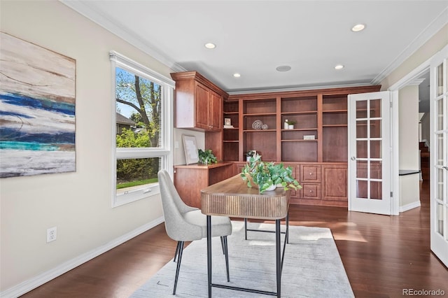 office area featuring french doors, dark wood finished floors, baseboards, and ornamental molding