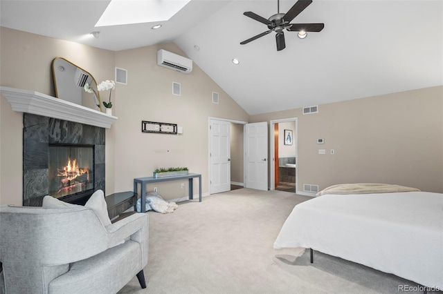 bedroom with visible vents, light colored carpet, and an AC wall unit