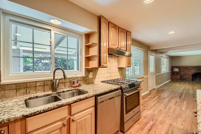 kitchen with light wood-type flooring, plenty of natural light, range, and dishwasher