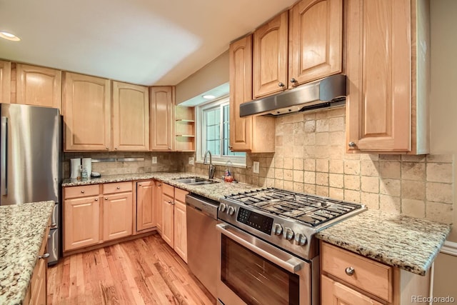 kitchen featuring light wood-type flooring, appliances with stainless steel finishes, sink, and light stone counters