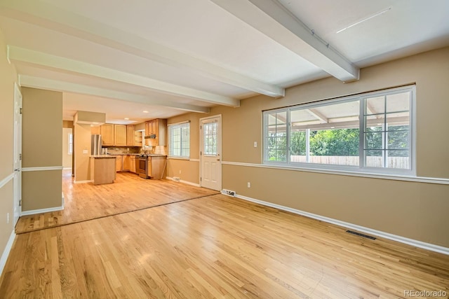 unfurnished living room featuring beamed ceiling and light hardwood / wood-style floors