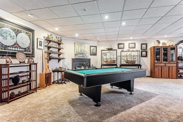 game room featuring carpet floors, a paneled ceiling, and billiards