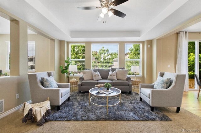 4821 Bluegate Dr, Highlands Ranch, CO 80130 - carpeted living area featuring a tray ceiling, a ceiling fan, and baseboards